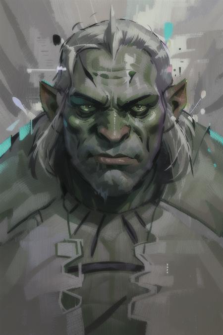 disco elysium, close up of a green orc paladin, portrait, grim face, white hair,  heavy outlines, expressionist painting, colorful background, [paint spatter], stunning, fantasy <lora:Disco_Delirium-SD15_V1:1>