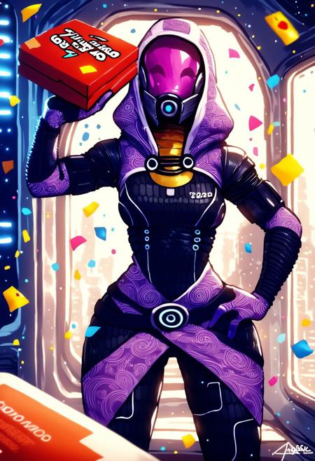 score_9, score_8_up, score_7_up, score_6_up, score_5_up, score_4_up, source_furry, by aqe, tali, tali'zorah, alien, alien humanoid, humanoid, quarian, 3 fingers, armor, black clothing, bodysuit, clothed, clothing, female, fingers, headgear, helmet, hood, not furry, detailed background, spacecraft, skinsuit, solo, tight clothing, hand on hip, pose, pose, cute pose, pinup, wide hips, medium breasts,  conf3tti, made of confetti, pizza box, pov, pizza delivery <lora:talizorah_pdxl_:1>
