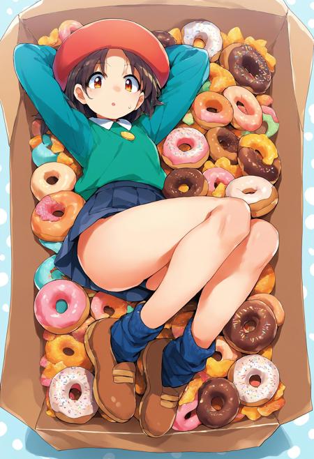 score_9, score_8_up, score_7_up, score_6_up, score_5_up, score_4_up, solo,
,
solo, 1girl, adeleine , sberet,green shirt,skirt,loose socks,shoe,  hands behind head, arms up, armpits,chocolate doughnut, box of donuts,in a box, doughnut background, best quality, highly detailed, masterpiece,<lora:Donutified_World_Morph:0.3>, <lora:NiseMIDIdoronokai_Ishikei_Assorted_Doujin_Artstyle_Blend_PonyXL:0.7>, zPDXL3 <lora:MeMaXL_V2:0.2>,  <lora:adeleinePonyXL:0.8>