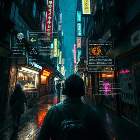 POV view of a person walking through a neon-lit alley in a dense cyberpunk city at night.
Augmented reality interface overlays the entire scene, projected from smart glasses:
– Holographic UI panels floating mid-air (navigation arrows, encrypted messages, facial ID scans).
– Street vendor marked with live crypto prices and toxicity level of food.
– NPCs auto-tagged with names, threat level, faction tags.
– Flickering ads being blocked by real-time ad-shield.
– Environmental data like air quality, humidity, and biofeedback vitals displayed on side HUD.
The alley is dripping with rain, neon reflections pulse in puddles, and distant gunfire echoes.
Highly detailed, cinematic cyberpunk AR vision, deep depth of field, futuristic interface, gritty urban realism, 8K, immersive atmosphere.