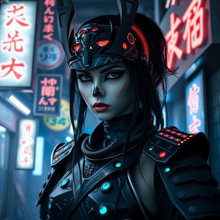  A photorealistic full-body vertical portrait of a fierce goth vampire samurai girl with pale skin and sharp, aggressive features, set in a dystopian Neo-Tokyo inspired by Blade Runner. She has intense goth makeup with heavy black eyeliner and dark eyeshadow, and a cold, defiant gaze. Her mengu mask is gothic and futuristic, with skull motifs, spiked edges, and glowing engravings in neon red and electric blue. Her samurai armor blends tribal and cyberpunk influences: black carbon fiber plates, crimson LED accents, turquoise circuitry, and angular, tech-enhanced design elements. She stands confidently in a rain-slick neon-lit alley, surrounded by holograms, mist, and glowing kanji signage. The atmosphere is dark, cinematic, grainy like 16mm film, and full of cyberpunk tension. No text or letters appear in the image.   The atmosphere is moody and cinematic, with soft bokeh, dramatic lighting, and a grainy 16mm film look. Highly detailed, rich in emo and goth influence, with no text or letters in the image.

Simulating Kodak Ektacolor Pro 160, with a custom white balance at 5500K. cinematic lighting, analog film, film grain, kodak chrome, cool cinematic tones,high contrast, sharp details, with moody lighting that adds depth,. (cinematic atmosphere:1.3), deep photo, depth of field, (black hair)), , (ambient occlusion), (cinematic lighting:1.3), (4K image quality:1.3), (sharp detail:1.3), (highly realistic:1.3), (dim warm cinematic lighting:1.3)
