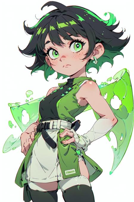 (buttercup) (black hair, green eyes, short hair, messy hair) (dress, light-green sleeveless dress, simple black belt, white thighhighs)