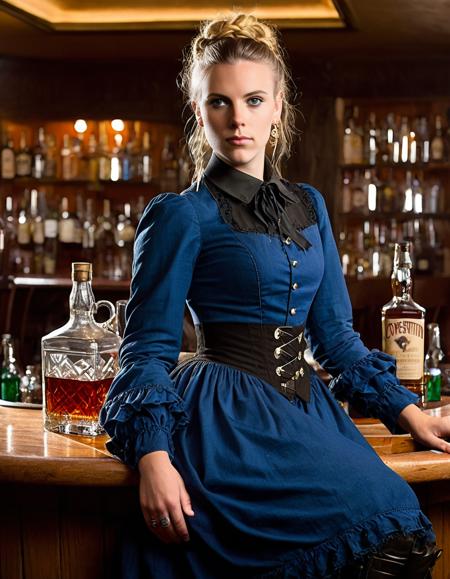 <lora:sc4rj0_SDXL_SGX:1.1>,(full view) photograph of (beautiful 24 year old) (sc4rj0:1.2) woman with blond hair,as an wild west barmaid,wearing (indigo blue 1870s victorian dress),black high-heel boots, long braided ponytail,holding a tray of drinks, standing with an 1800s western tavern, surrounded by (whiskey bottle and dirty glasses on bar counter),with wooden poker table, in background horses and town visible through windows,face focus,sharp focus,depth of field,facing viewer, (full view),rich details,clear shadows and highlights,realistic,highly detailed,