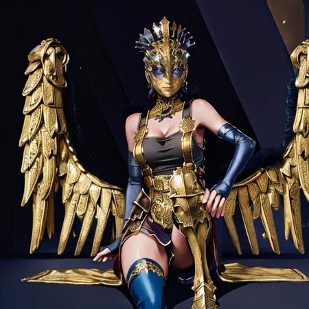 Queen Gna, Masterpiece, highest Quality, Highest Resolution, perfect anime style, 1girl, Golden Wings, Armored Tank top, Mask, Blue eyes, knee highs, close up, face focus, dark room, glowing blue eyes, cleavage, medium breasts, smiling, evil, shadows, dark shadows,