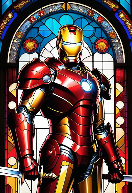 Manga-Inspired Stained Glass. Close-up portrait. (((1980's Comic version))) Iron Man as a knight of the round table holding a sword in a grand hall. Flat, two-dimensional artwork. Vibrant stained glass reflecting onto his armor. Dynamic, cinematic lighting illuminating his determined expression. Masterpiece, best quality, clip studio paint style, anime-inspired art, Studio Trigger-like color palette, deep colors, cel-shaded textures, anime wallpaper-worthy composition, vivid manga scan aesthetic, high contrast, detailed lines, bold shadows.