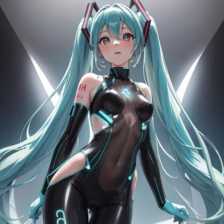 hatsune miku, hatsune_miku, translucent bodysuit, transparent bodysuit, see-through bodysuit, translucent clothes, transparent clothes, see-through clothes, black bodysuit, glowing eyes, highres, absurdres, ultra detailed, intricate detail, extremely detailed, unity cg, 8k wallpaper, amazing, ultra-detailed illustration