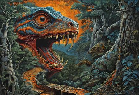 style of Mati Klarwein, EnhanceImage, highly detailed, ultra detailed, high quality, sharp image, bright orange gray blue forest background, rich shadows and bright highlights, close up view, elaborate illustration long segmented serpent monster, (mouth open snarling teeth), horror, light shining through, transparent fins and spikes