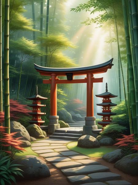 <lora:SS02ImpressionisticPainting_Hap_XL:1.2>,Thomas Kinkade style, illustration, nature, japanese shrine torii gate, stone path, bamboo lamps, green foliage, forest backdrop, tranquil scene, dawn lighting, shadows, color gradient sky, hidden temple, serene atmosphere, warm tones, diffuse sunlight, depth perception, landscape composition, no watermark, no text, best quality, aesthetic, recent, cartoon style,