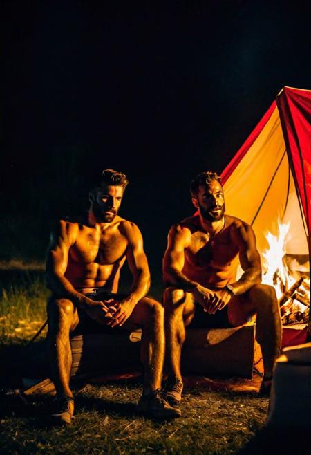 Two hairy chested fit italian men in a campsite, shirtless, sitting in a camping tend, illuminated by a fire lit in front of the tent, in a dark night, close up photo