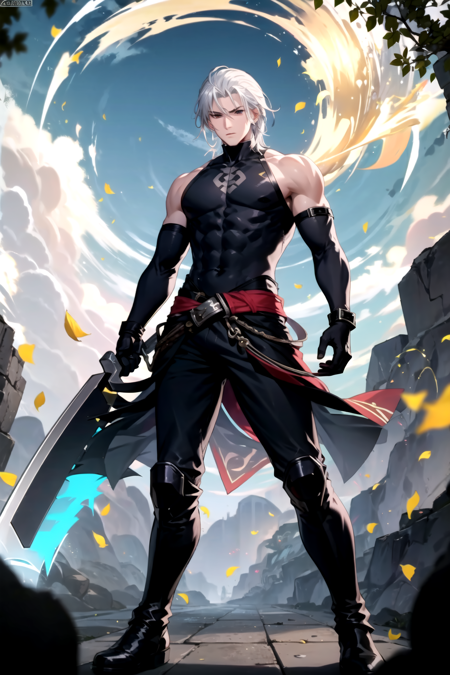 <lora:ZekeTOF-09:0.7> ,zeketof, gloves, holding, bare shoulders, standing,  weapon, boots, outdoors, sky, sleeveless, day, black gloves, elbow gloves, pants, sword, black footwear, holding weapon, muscular,  leaf, black pants, falling leaves, muscular male