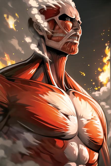 <lora:colossal_titan_v0.1:1>
1boy, colossal titan, upper body,  smoke, solo, fire, burning, giant wall,  face, masterpiece, best quality, highly detailed