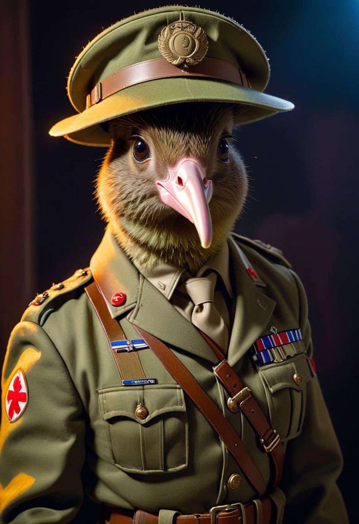 A stuffed animal wearing a uniform and a hat.