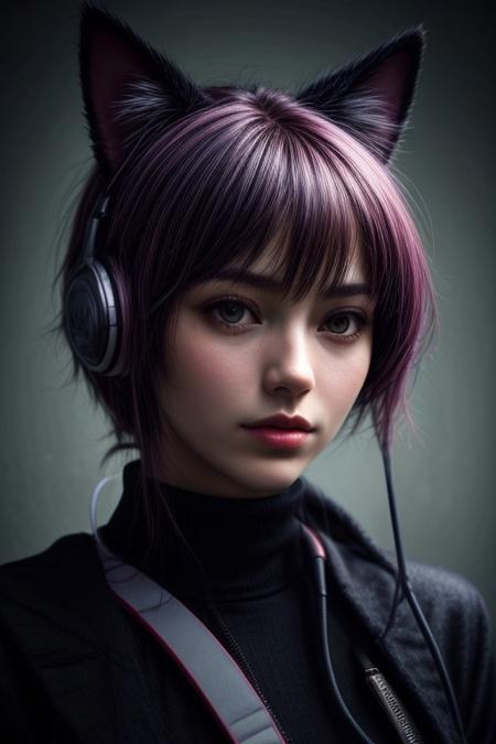 (masterpiece, best quality, highres:1.2), raw portrait photo of Girl with headphones, cat ear headphones, colored hair, in high detailed textured, (most iconic photo), (dynamic background), depth of field, morbid, dynamic time, (light smile:0.3), SFW,