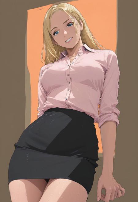 Beautiful sketch, anime, SK3, minimalist, simple drawing, simple shadows, a female model, blonde hair, wearing a button-up and black skirt, in a office,  low-angle view, smiling, wet, pink and orange lighting, drawing