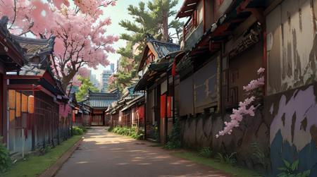 best quality,masterpiece,highly detailed,ultra-detailed, oldtaipei, no humans, tree, outdoors, scenery, traditional media, grass, day, house, building, cherry blossoms, road, bush, real world location, plant, east asian architecture, architecture <lora:oldtaipei:0.75> by cyberpunk art,