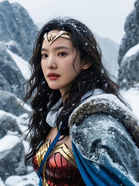 realistic, Skin Textures, High Resolution, Cinematic,<lora:zrn2_ej_JuggXL_1-000020:0.6> zhangruonan woman,Wonder Woman,A mountainous location full of icy boulders and snow,