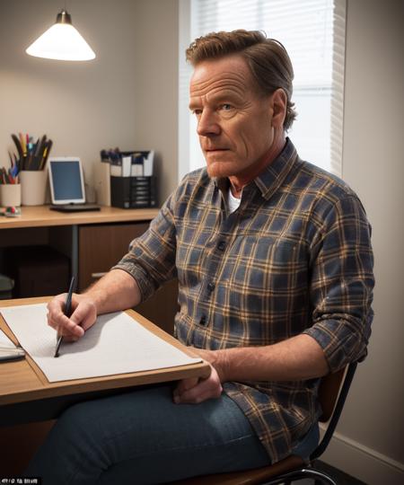 A perfect photo of a man,bryancranston,age up, plaid shirt, paisley tie, portrait stock photo middle-aged man in cluttered office, basement office, sitting at desk, (masterpiece:1.2) (photorealistic:1.2) (bokeh) (best quality) (detailed skin) (intricate) (8k) (HDR) (cinematic lighting) (sharp focus) (Clutter-Home:1.2) 
 <lora:bryancranston:0.9>