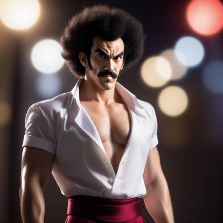 professional fashion photo,Mr. Satan man, solo, 1boy, male focus,hairy chest,full length, bokeh,dramatic lighting,<lora:mr_satan-000007:0.5>