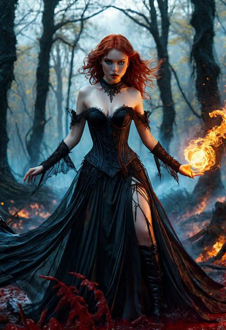 High resolution ultra-realistic of Beautiful Dark Fire Witch, Intricately designed gothic black dress with corset, (standing on a bloody and stormy dark forest in epic bloody Halloween: 1.5), fighting pose, wavy red hair, nice dirty pale face, dark fantasy, fireball, oily skin, full body, firm athletic body and figure, beautiful blue eyes, 8k, ultra realistic, hyper realistic, highly detailed, curves, Beautiful Sadie Sink as Dark Fire Witch, beautiful perfect close-up pupils, daylight, high contrast, colorful polychromatic, beautiful firm Breasts, defiant and seductive, wet oily shiny skin, ultra detailed, (Intricately Designed dirty face: 1.3), Cinematic clorful lighting, realistic body and face, Photograph Taken on Nikon D750, Intricate, Elegant, Digital Illustration, Scenic, Hyper-Realistic, Unreal Engine, CryEngine, Octane Render, Artgerm, WLOP, Greg Rutkowski, 8k ultra high resolution concept art, hyper-defined, sharp focus, echoing, (hyperdetailed body and face: 1.3), Atrractive, Atrractive 21 years old woman, attractive bust girl, asymmetric balance