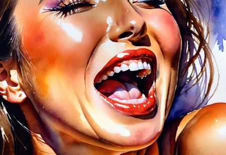 watercolor painting by (anatoly metlan, chung shek), closeup of a face of a happy woman having the ultimate orgasm; violent climax, urgent release of tension