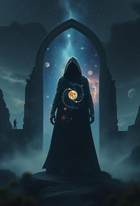 A universe inside a dark cloaked figure within mysterious landscape in an unfathomable realm of fantastic creation inhabited by ancient shadows of a forgotten time beyond the gate of the gateless gate where life is limitless, light is shadow and shadow is light