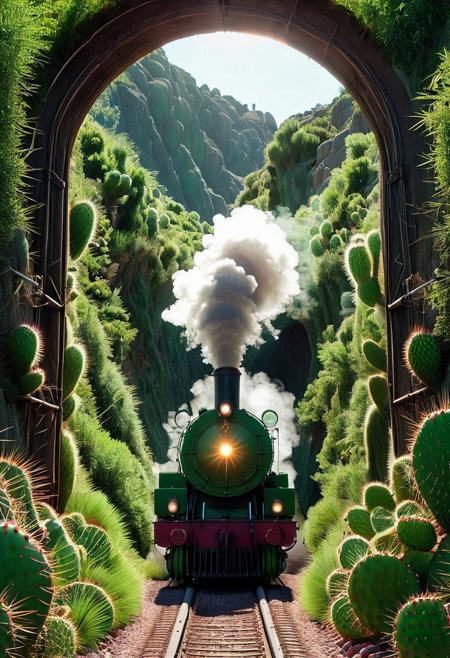 a steam train emerging from a tunnel, greens moke <lora:Prickly Pear Style v1:1>, Prickly Pear Style,
