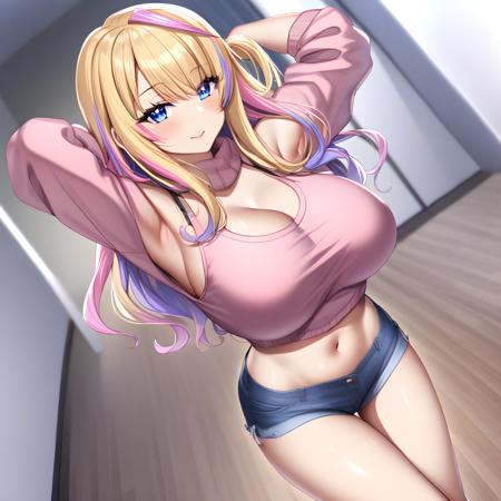 fuyuki(galyome) blonde hair, long hair, blue eyes, streaked hair, pink hair, large breasts