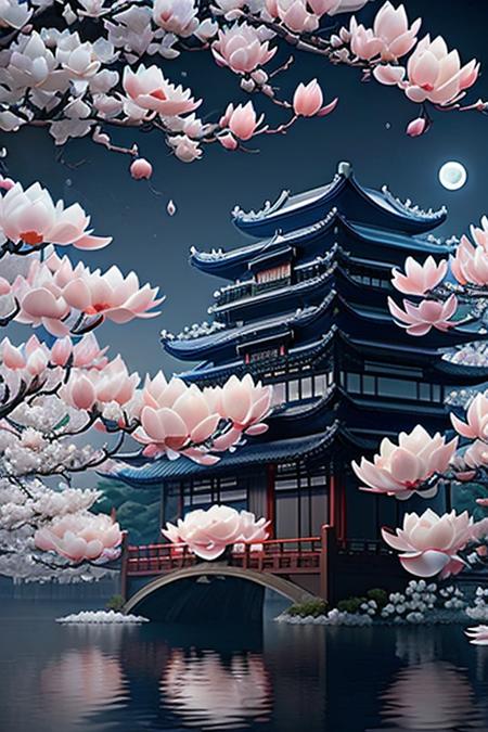 3D rendered of ultra-realistic scene, background of dark blue sky with full moon and distant Chinese trandistional palace, branch of Magnolia with white flowers, ultra wide shot from below, Jiangnan Water City,<lora:FairyTaleV1s_SD1.5:0.5>