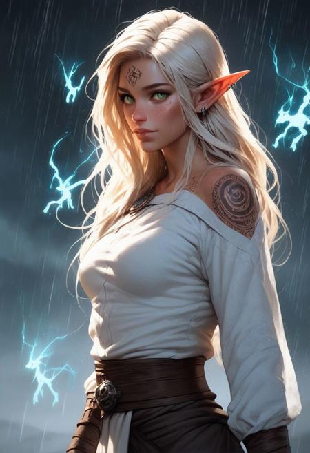 score_9, score_8_up, score_7_up, score_6_up, score_5_up, score_4_up,  <lora:Fant5yP0ny:0.8>, fantasy,
1girl, (elf:1.1), blonde hair, shoulder-length hair, (hair parted on side:0.9), (messy hair:0.8), green eyes, white skin, angular features, sharp features, monk, stern expression, piercing gaze, (blushing:0.1), nose, defined chin, (toned female, athletic, fit, biceps through clothes:1.2), defined jawline, defined cheeks, medium breasts, freckles,
intricate runic tattoos fully covering both arms,
(white:1.3) cloth tunic, (long sleeves), blue cape, leather corset, leather bracers, fingerless leather gloves, belt, black pants, leather shoulder pads, shoulder slit,
(head turned towards viewer), looking at viewer, left arm bent at the elbow with fist close to her chest, right arm wrapped across torso clutching her left arm, holding fist, calm and serious expression,
(side view:1.2), cowboy shot, stormy background with rain falling around her, soft glow around her, soft glowing particles,