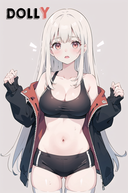 (masterpiece, top quality, best quality), european, 1girl, :o, armpits, bangs, bare shoulders, black jacket, blush, breasts, cleavage, cowboy shot, jacket, large breasts, long hair, looking at viewer, navel, off shoulder, open clothes, open jacket, open mouth, red eyes, solo, sports bra, sweat, thighs, very long hair, white legwear
