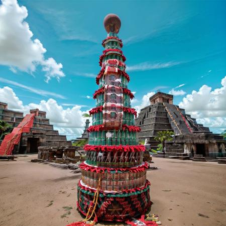 RAW photo,no humans,  a large canedoffering_\(cylindrical\) in front of mayan pyramid, ,with canned drinks arranged on it. the background is the mayan pyramid, mayan civilization,  best quality, masterpiece, 8k uhd, dslr, soft lighting, high quality, film grain, Fujifilm XT3   <lora:100_Taiwan offering_1v_5_768_0001deep5e_off:1> absurdres,Taiwan-caned-offering,