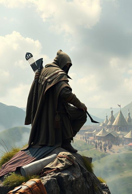 Un Assassin creed dans l’Empire mongol à l’époque de Gengis Khan (XIIIe siècle) :
Un guerrier Assassin se tient sur une colline rocheuse surplombant un immense campement mongol. Il porte une tenue sombre inspirée des guerriers mongols, combinant une armure légère en cuir, une cape poussiéreuse et un capuchon distinctif orné de motifs tribaux. Son visage est en partie couvert par un masque, et ses yeux perçants scrutent sa cible.
Dans une main, il tient un khanjar (poignard courbé), et dans l’autre, une lame secrète dissimulée sous son poignet. Son carquois est rempli de flèches, et un arc composite est accroché à son dos, prêt à être utilisé.
En contrebas, le camp mongol est en effervescence : des guerriers en armure lamellaire s’entraînent, des tentes ornées de bannières aux couleurs de l’empire se dressent autour d’un grand feu de camp, et des chevaux majestueux paissent sous la lumière du soleil couchant.
L’atmosphère est chargée de tension : une mission d’infiltration est en cours, et l’Assassin est prêt à frapper silencieusement avant de disparaître dans la steppe infinie