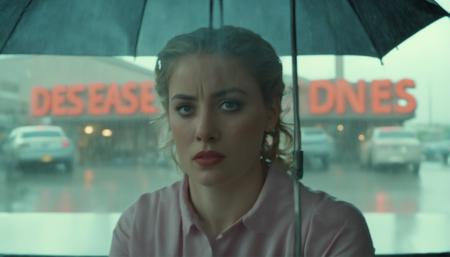 movie still, portrait of a woman at diner while its raining