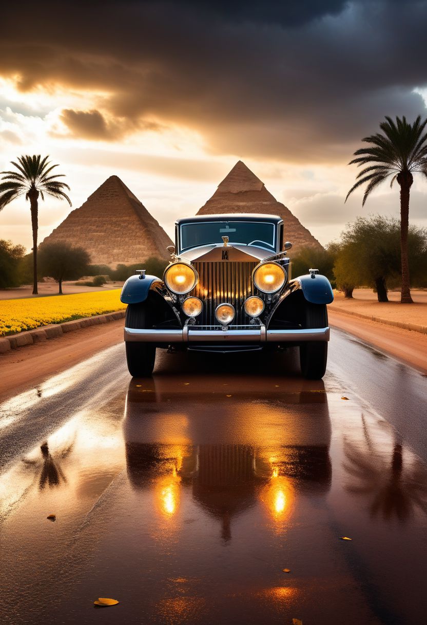 cinematic photo of Rolls-Royce Phantom II 1930, magnificent three pyramids of Giza appear clearly, charm, highly detailed car, Professional lighting, full of life, Lively and energetic, 8K, rays of sun flow beyond heavy clouds, HDR, Fast & Furious movie, motion blur, moving tires, Cinematic Shot, Cinematic Lighting, amazing world, pure perfection, Need For Speed, wide angle exterior background, wet asphalt road, autumn leaves, grass, flowers, jasmine flowers, palm trees, nebula horizon.