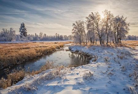 a small (calm) stream running through a snow-covered field, an Orthodox church, a painting by Ivan Shishkin, flickr, beautiful Russian nature, on flickr in 2003, with trees and rivers ((illuminated by the bright sun)), warm spring, cold winter color temperature, warm glow, photorealistically beautiful, high detail, 
super detailed, high resolution, award-winning photo taken on Nikon D750, colorful, large depth of field <lora:landscapeRealistic_v20WarmColor(1):1>