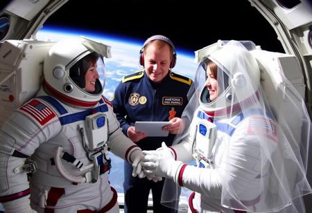 Astro-Brides, The first wedding in space, two women get married in spacesuits, a non-religious space commander officiates the wedding, both of the women have wedding veils on the outside of their spacesuits, in space, outside the spacecraft,