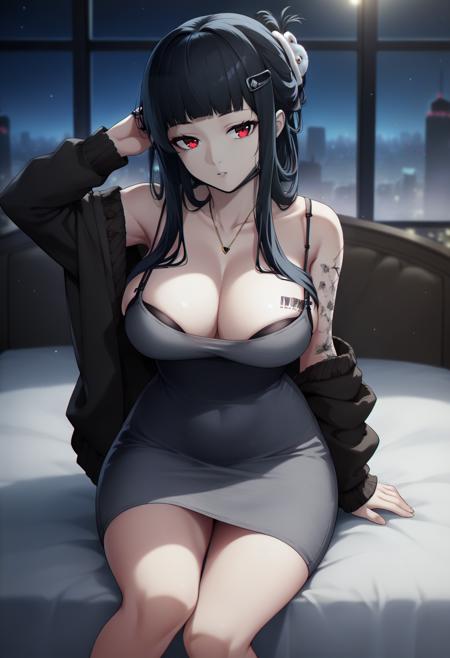 ddef, black hair, blunt bangs, red eyes, hooded cloak, grey shorts, tactical clothes, gloves, long sleeves, belt dwife, black hair, long hair, blunt bangs, hairclip, hair ornament, sidelocks, red eyes, necklace, grey dress, jacket, off shoulder, cleavage, black bra, barcode tattoo, arm tattoo, large breasts, unworn mask