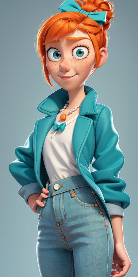 1girl, Orange hair in a bun, green eyes, slight smirk, freckles on cheeks, thin eyebrows, white necklace with a bow, teal jacket, pale skin, standing, cartoon, (pixar:1.2), Lucy Wilde, <lora:Lucy_Wilde:1>, long nose, bangs, jeans,