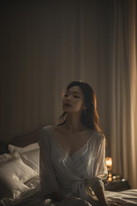 (HD, masterpiece, best quality, hyper detailed, ultra detailed, super realistic),Description: A serene photograph capturing a Thai woman waking up in a sumptuous bedroom, exuding an aura of elegance and tranquility. She has long, tousled hair that frames her delicate features, and her soft, sleepy expression embodies a sense of peaceful awakening.  Attire: She is clad in a black, elegant nightgown that elegantly hugs her curves while offering a hint of sophistication. The silky fabric glistens softly in the morning light, with delicate lace accents enhancing its luxurious appeal.  Background: The backdrop features a beautifully designed luxurious bedroom with plush bedding, rich textures, and tasteful decor. Soft pillows and a stylish headboard provide a cozy and inviting environment, while a few chic decorative pieces add a touch of refinement.  Lighting: The room is bathed in warm, golden sunlight filtering through sheer curtains from a nearby window, casting gentle light and soft shadows throughout the space. This natural light enhances the intimate atmosphere, highlighting the womanâs graceful features and the exquisite details of the room.  Photography Details: Captured in exquisite detail (4K resolution), the image showcases the textures of her nightgown and the luxurious fabrics of the bedroom. The composition uses a shallow depth of field, softly blurring the background while keeping her in sharp focus, emphasizing her tranquil beauty. The overall mood is intimate and dreamy, evoking a sense of warmth and comfort., SDXL Perfect_Eyes, SDXL super_beauty_face SDXL Lightning, SDXL.lyco neg4all_bdsqlsz_xl_V91, SDXL.lyco EnvyDramaticLightingXL02_photo<lora:SDXL Perfect_Eyes.safetensors:0.5:0.5> <lora:SDXL super_beauty_face SDXL Lightning.safetensors:0.7000000000000001:0.7000000000000001> <lora:SDXL.lyco neg4all_bdsqlsz_xl_V91.safetensors:0.7000000000000001:0.7000000000000001> <lora:SDXL.lyco EnvyDramaticLightingXL02_photo.safetensors:0.7000000000000001:0.7000000000000001>
