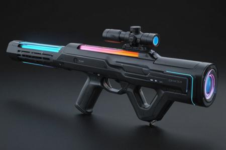 sci-fi rifle, mutli-color glow, ((daniellepik)), ((lemanoosh)), product shot, sleek minimalist futuristic product design <lora:Sleek_Product_Design:1>