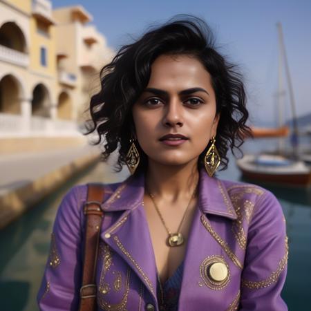 ShraddhaSrinath, [art by Jo Ann Callis: (art by Harold Edgerton:1.0) :18], photograph, Spellbinding (Woman:1.2) , Sculpting, wearing Misshapen Purple Denim jacket, Knottty hairstyle, Art Nouveau Keychain, Gold Tooth, inside a Unique The Mediterranean Sea, Hasselblad, F/2.8, geometric patterns, fairy tale,  <lora:ShraddhaSrinathSDXL:1>