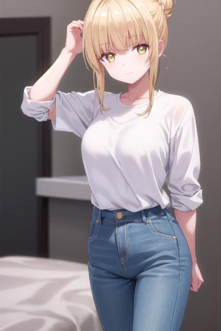 mahirushiina, <lora:mahiru shiina s1-lora-nochekaiser:1>,
mahiru shiina, bangs, blonde hair, brown hair, (yellow eyes:1.3), smile,
BREAK shirt, sidelocks, pants, hair bun, single hair bun, yellow shirt, green pants,
BREAK indoors,
BREAK looking at viewer, (cowboy shot:1.5),
BREAK <lyco:GoodHands-beta2:1>, (masterpiece:1.2), best quality, high resolution, unity 8k wallpaper, (illustration:0.8), (beautiful detailed eyes:1.6), extremely detailed face, perfect lighting, extremely detailed CG, (perfect hands, perfect anatomy),