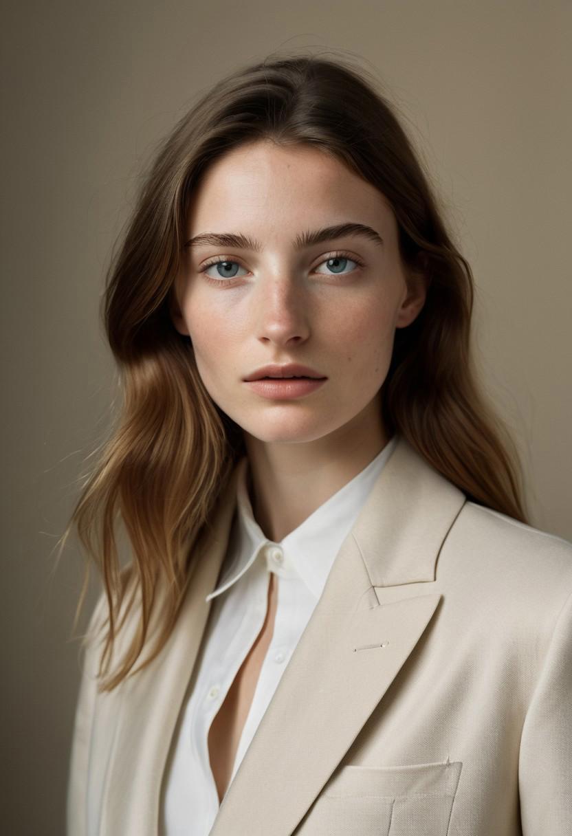 Closeup photo of a young French woman named Natalia, with porcelain skin and delicate features, captured by the lens of renowned photographer Annie Leibovitz. The photo is taken in a studio setting with soft lighting, highlighting Natalia's natural beauty and elegance. (High resolution, trending on Vogue)bad-picture-chill-75v