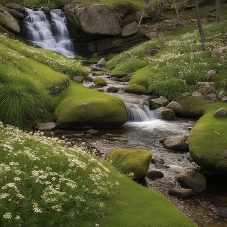 Winding stream, rocky mountainside, large boulders, green meadows, vibrant patches of spring flowers and grasses, close-up of wildflowers, delicate petals, creeping moss on rocks, dappled sun, serene atmosphere, waterfall,  
Intense lighting, bright and evenly lit scene, soft and diffused light, soft and airy tones, joyful and uplifting ambiance, very realistic high-resolution photography