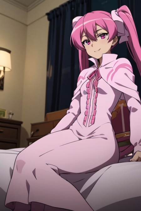 akame ga kill anime lineart, mine, pink hair, twin tails with pink bows, pink eyes, pink tied shawl with a high collar, pink long-sleeved shirt, pink gown, black stockings with pink shoes
