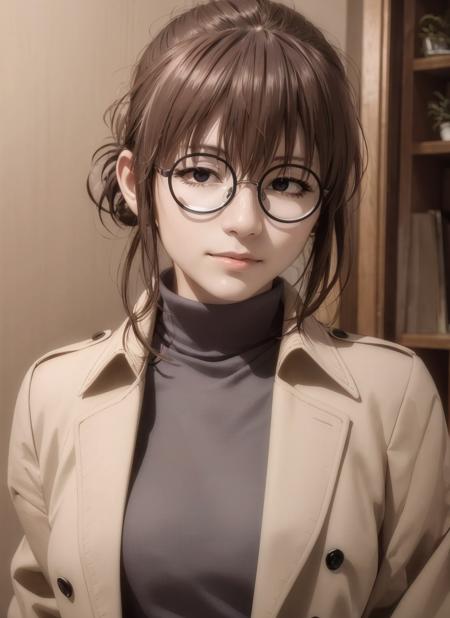 masterpiece, (photorealistic:1.5), best quality, beautiful lighting, 1girl, solo, <lora:uguisuAnkoYofukashiNo_v10:0.6>, uguisu_anko, glasses, round eyewear, brown hair, folded ponytail, black eyes, turtleneck sweater, black sweater, trench coat, brown coat, open coat, portrait, indoors, japanese woman