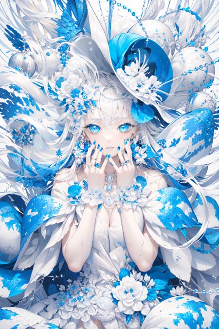 -1girl, blue eyes, solo, long hair, dress, blue nails, looking at viewer, white hair, flower, jewelry, floating hair, nail polish, ring, hat, hair ornament, bare shoulders, breasts, white nails, white dress, bangs, hair between eyes, hands on own face,White hell,<lora:White hell-000018:0.9>,