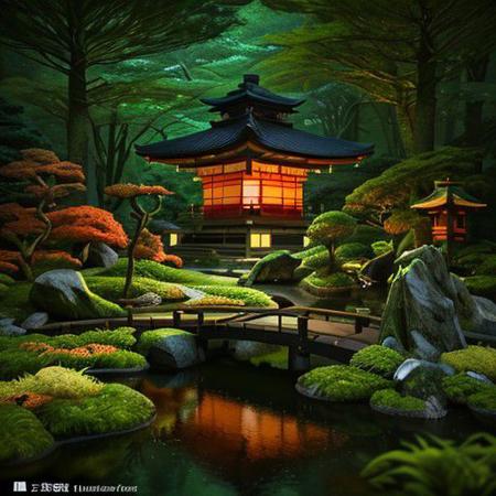 A masterpiece in the form of a japanese garden inside a beautiful, illuminated miniature forest, 3d render, vibrant, cinematic, portrait photography, wildlife photography, 8k