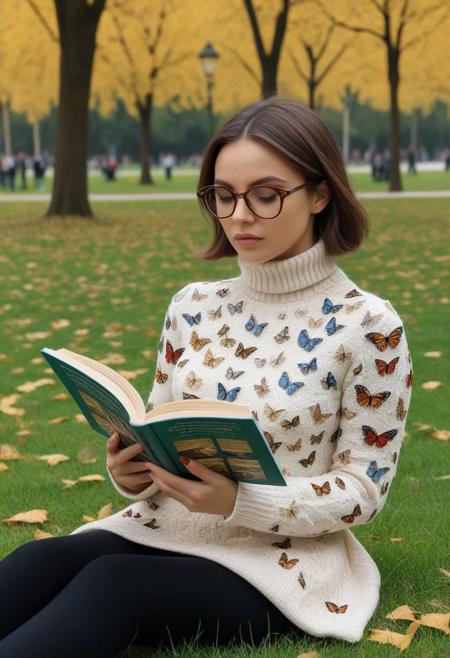 masterpiece, best quality, absurdres, 8k, butterflyStyle, glasses, solo girl, turtleneck, reading a book in the park.