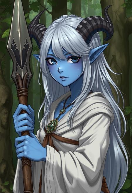 detailed anime style, female tiefling, blue skin, white sclera, no iris, blank eyes, druid clothing, forest environment, holding druid staff